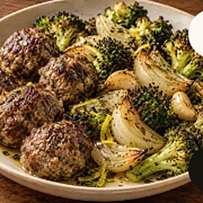 Bison meatballs, roasted broccoli, served in a white bowl