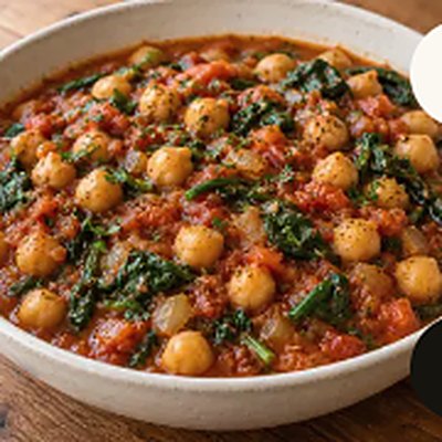 Chickpea and spinach stew, served in a white bowl