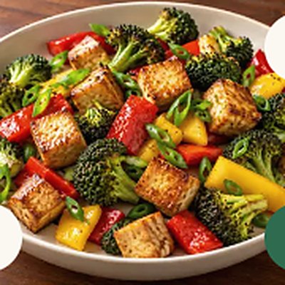 Ginger lime crispy tofu, served in a white bowl