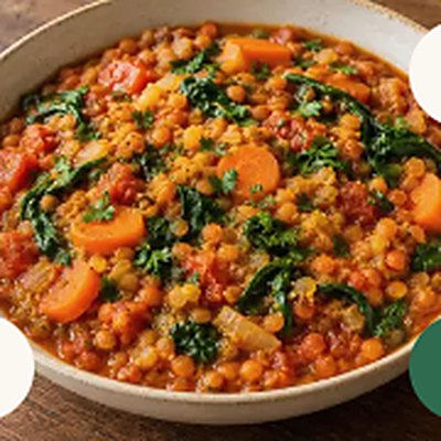 Red lentil and tomato stew, served in a white bowl