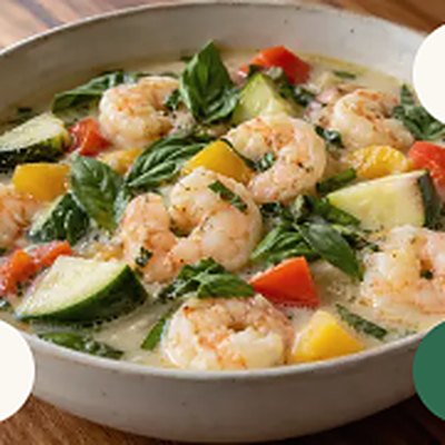Lime basil shrimp stew, served in a white bowl